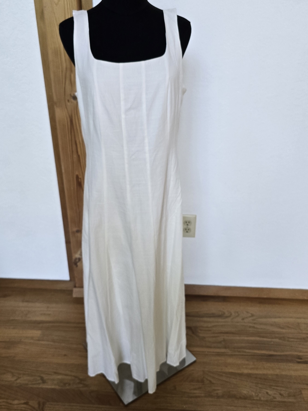 White Linen Blend Corset Midi Dress Smocked Back Square Neck L